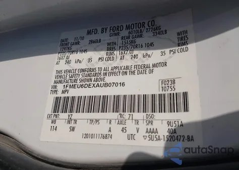 2010 Ford Explorer Xlt from USA, damaged, VIN 1FMEU6DEXAUB07016